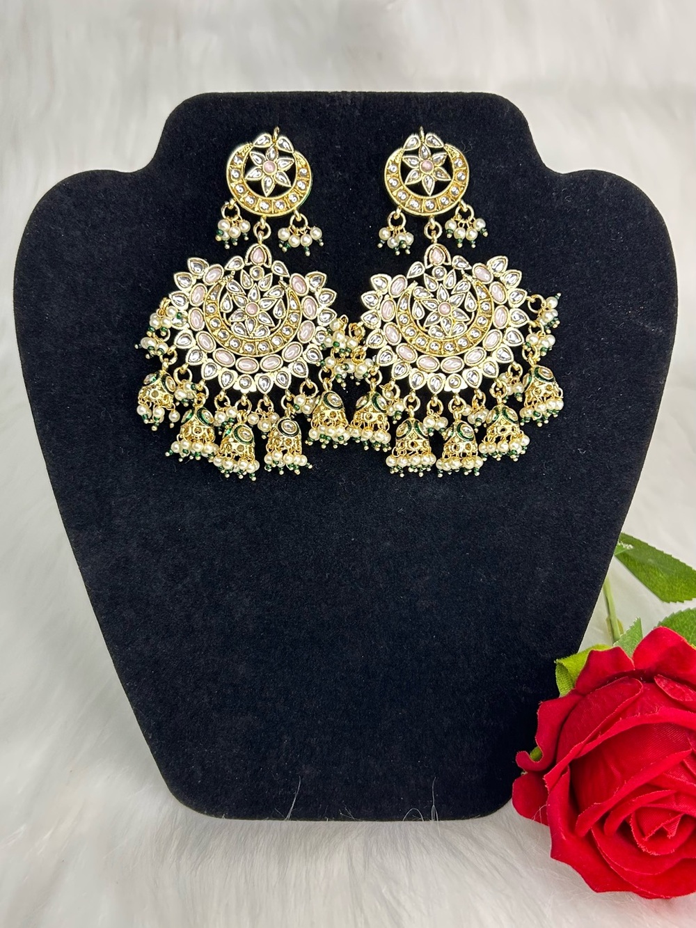 Elegant Gold-Tone Baby Pink Pachi Kundan Chand Bali Earrings